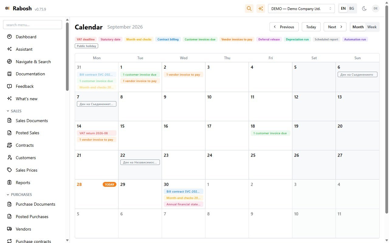 Accounting calendar in Rabosh with VAT deadlines, billing days and due dates