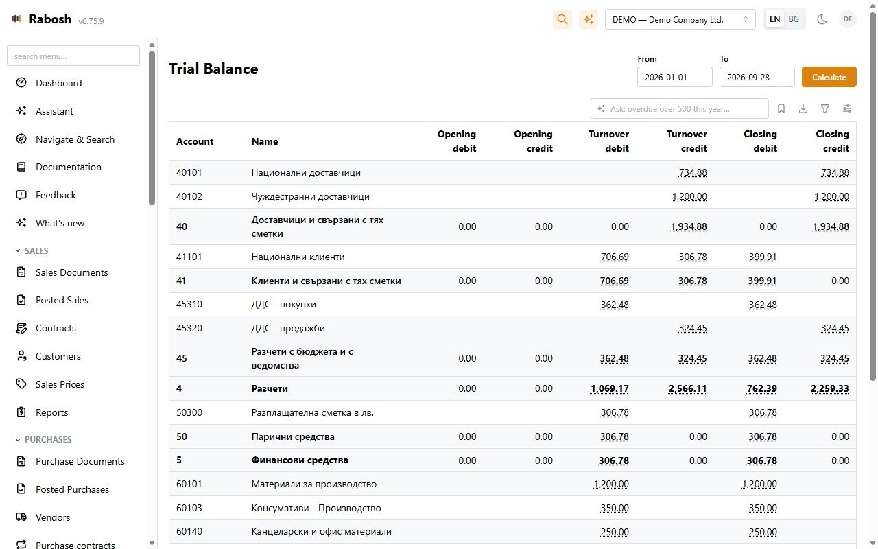 Trial balance report in Rabosh
